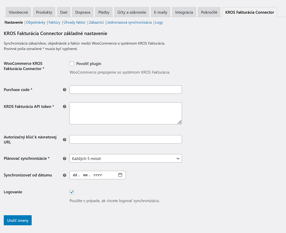 Základné nastavenie pluginu WooCommerce KROS Fakturácia Connector